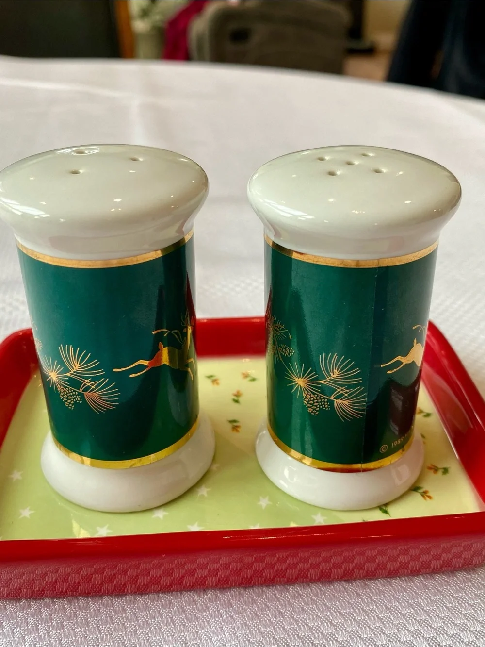 Vintage 1980s Hallmark Green & Gold Reindeer Christmas Salt & Pepper Shaker Set